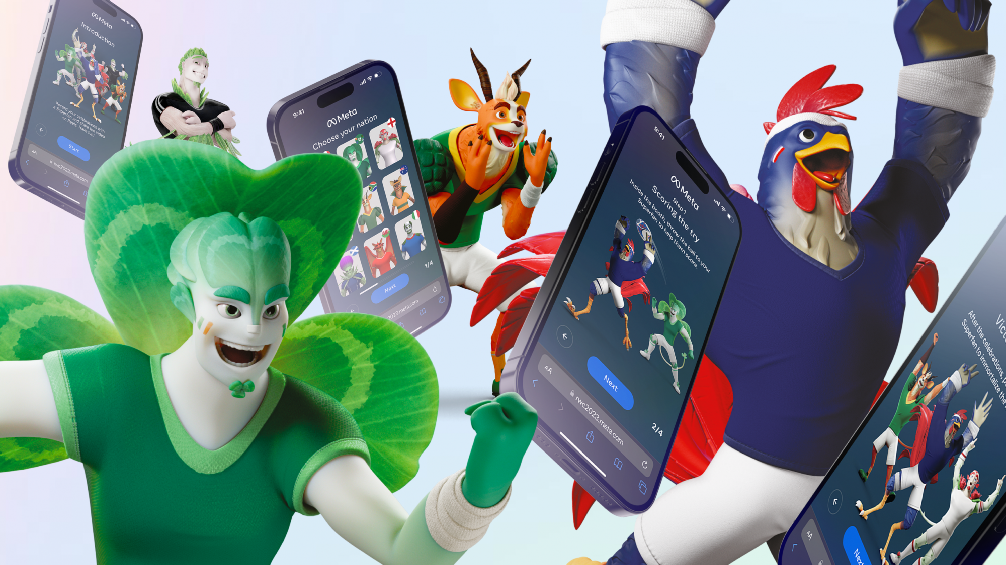 Illustration showing some of the characters and digital work from the Meta campaign